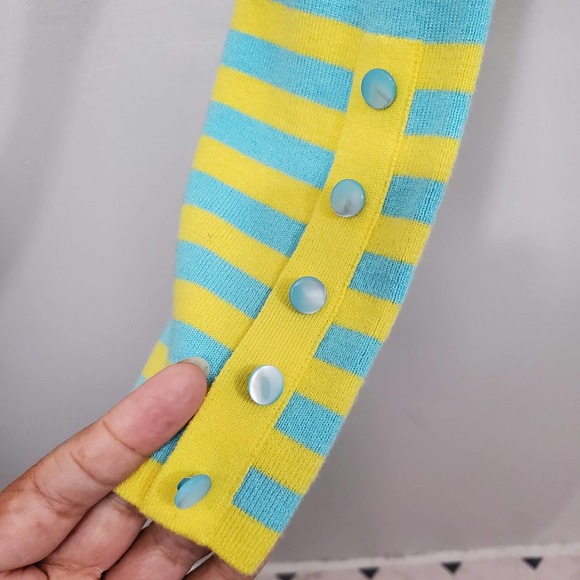 RONDINA New York Blue Yellow Cropped Striped Cardigan Sweater Size L - Picture 6 of 10